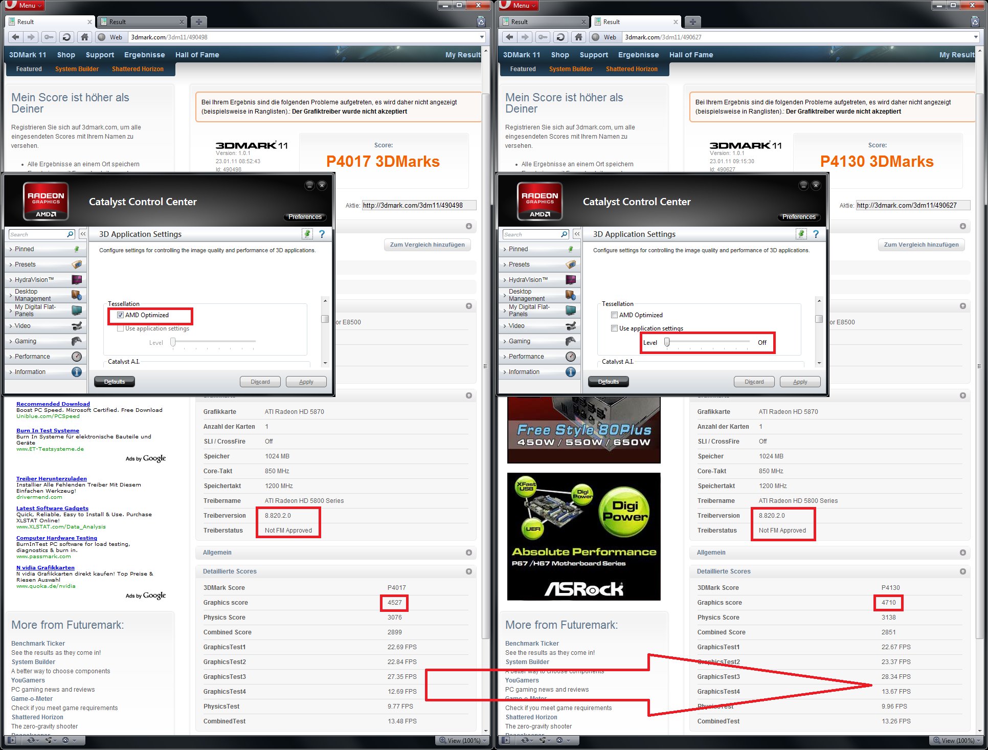 3DMark11 with Tessellation turned off (right hand side) on Catalyst 11.1a hotfix update and HD 5870